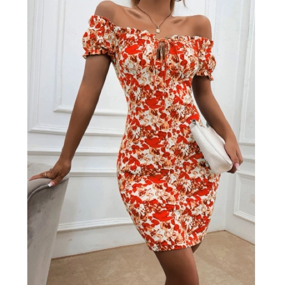 Boho green Floral Print Off Shoulder Bodycon Dress - Picture 7 of 16